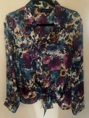 Vintage Jones New York Signature XL Floral Tie Front Blouse Watercolor 90s